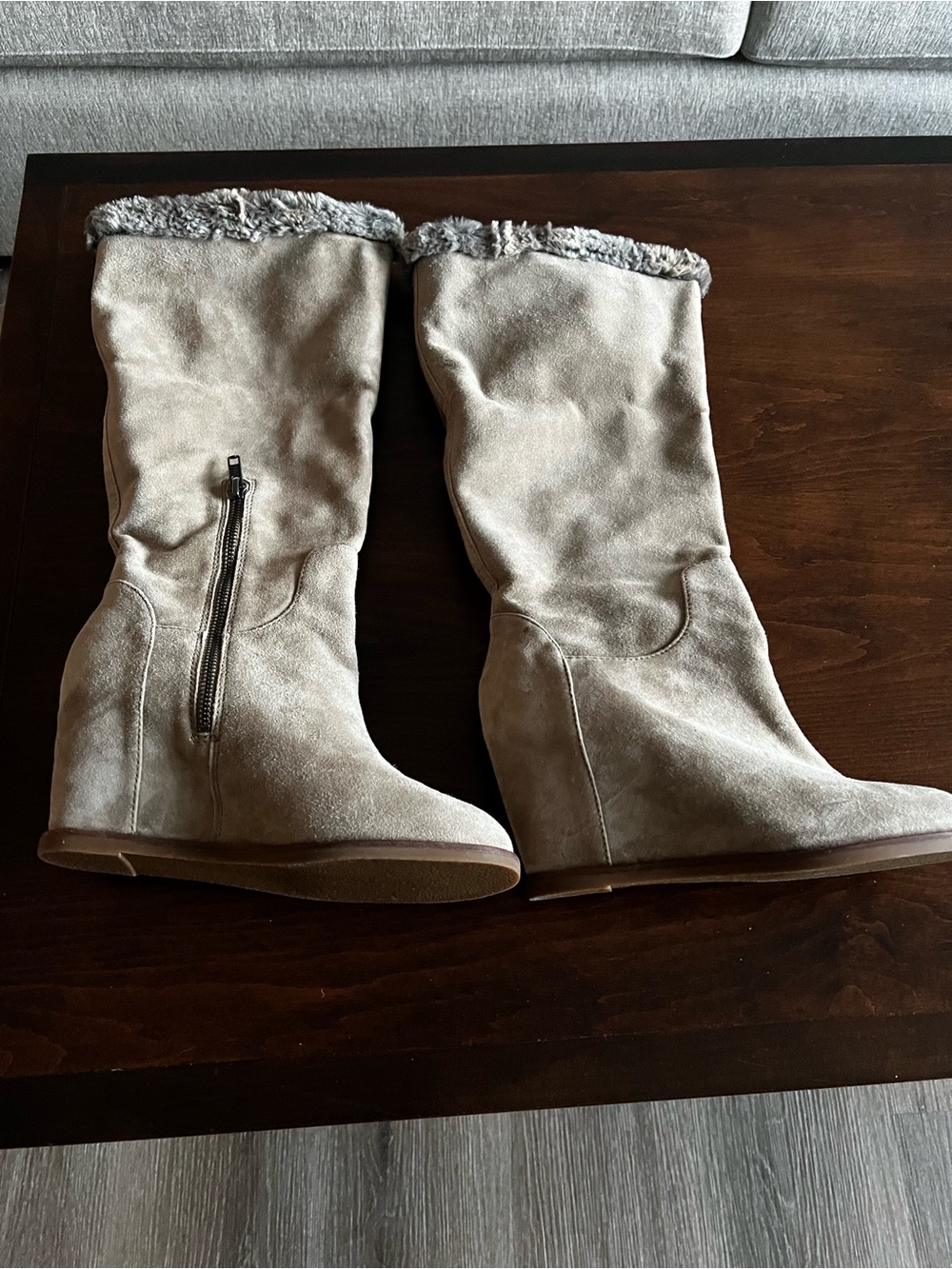 Cole Haan Light Taupe Faux-Suede Wedge Knee Boots with Fur Trim